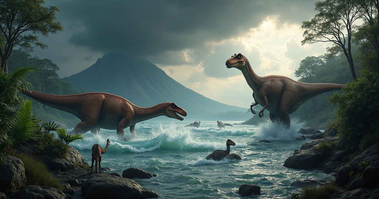 Dinosaurs amid a Great Flood with rising waters and dark clouds, highlighting their struggle.