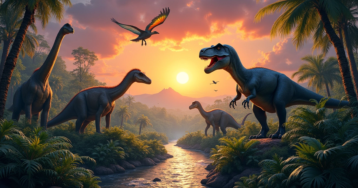 Uma cena de uma selva pré-histórica com dinossauros, incluindo um T. rex e Brachiosaurus sob um pôr do sol vibrante.