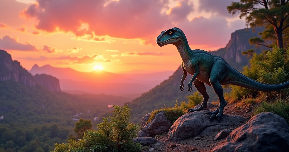 Velociraptor on a rocky outcrop during sunset, surrounded by ferns, fossils, and distant dinosaurs.