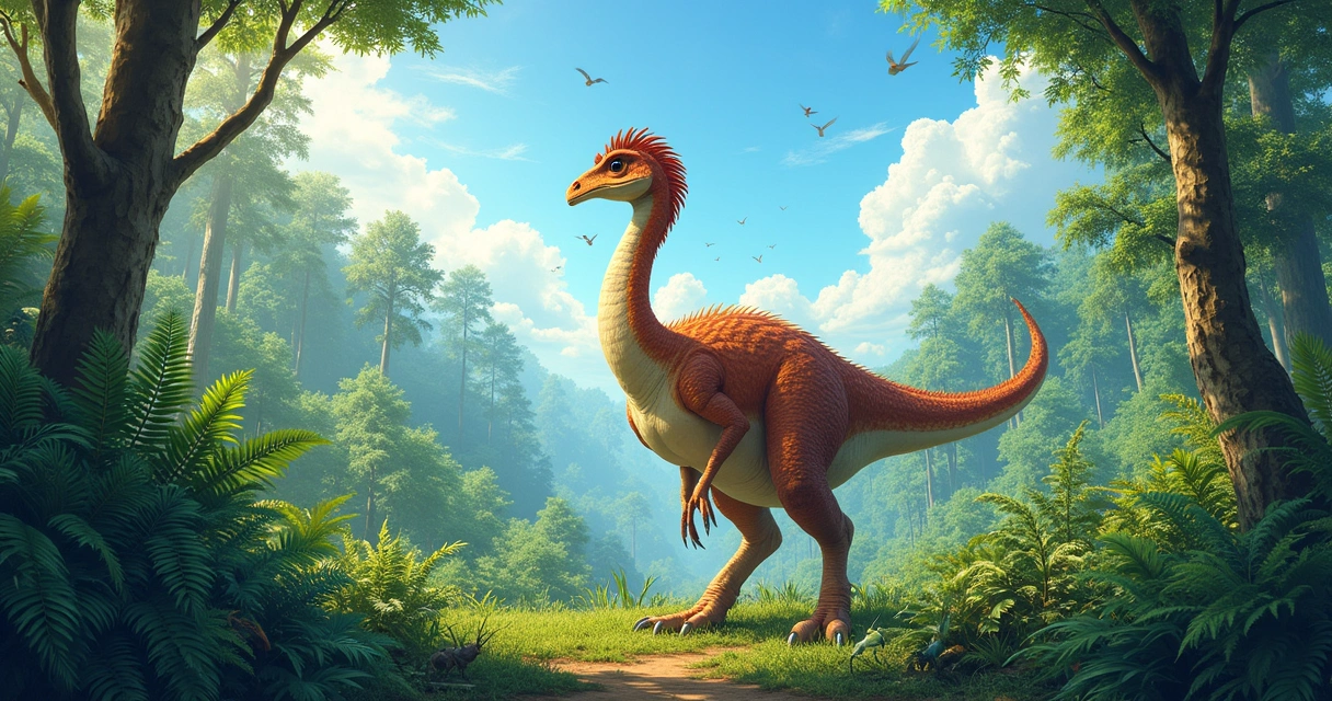 Ilustração de um Anchiornis em uma floresta pré-histórica rica em vegetação e luz suave.
