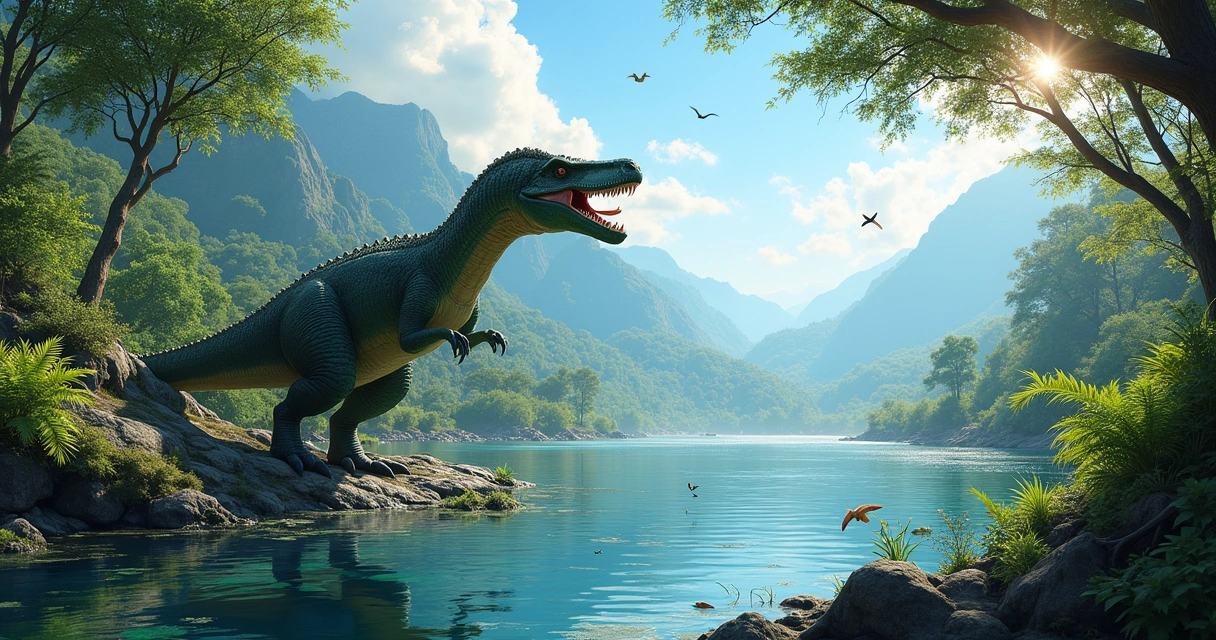 Baryonyx hunting at a prehistoric riverbank, surrounded by lush vegetation and sunlight.
