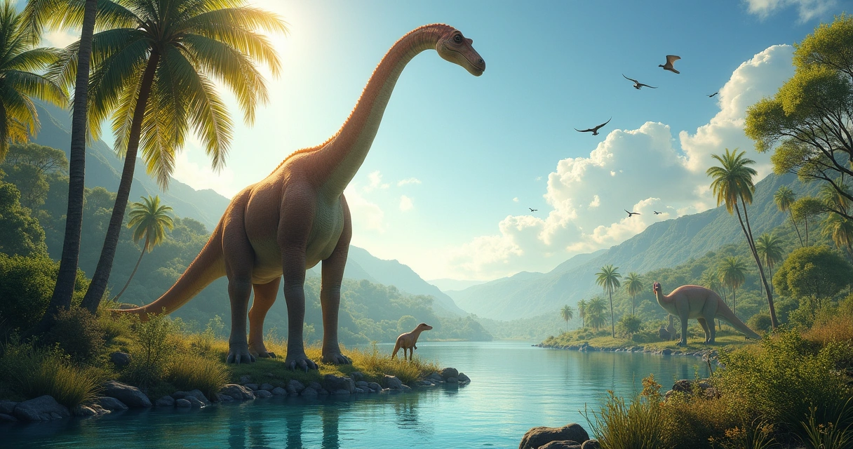 Brachiosaurus grazing in a prehistoric landscape with a river, trees, and flying pterodactyls.