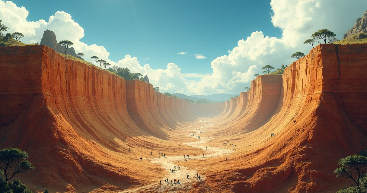 Camadas geológicas em uma perspectiva criacionista com pessoas ensinando e céu azul.