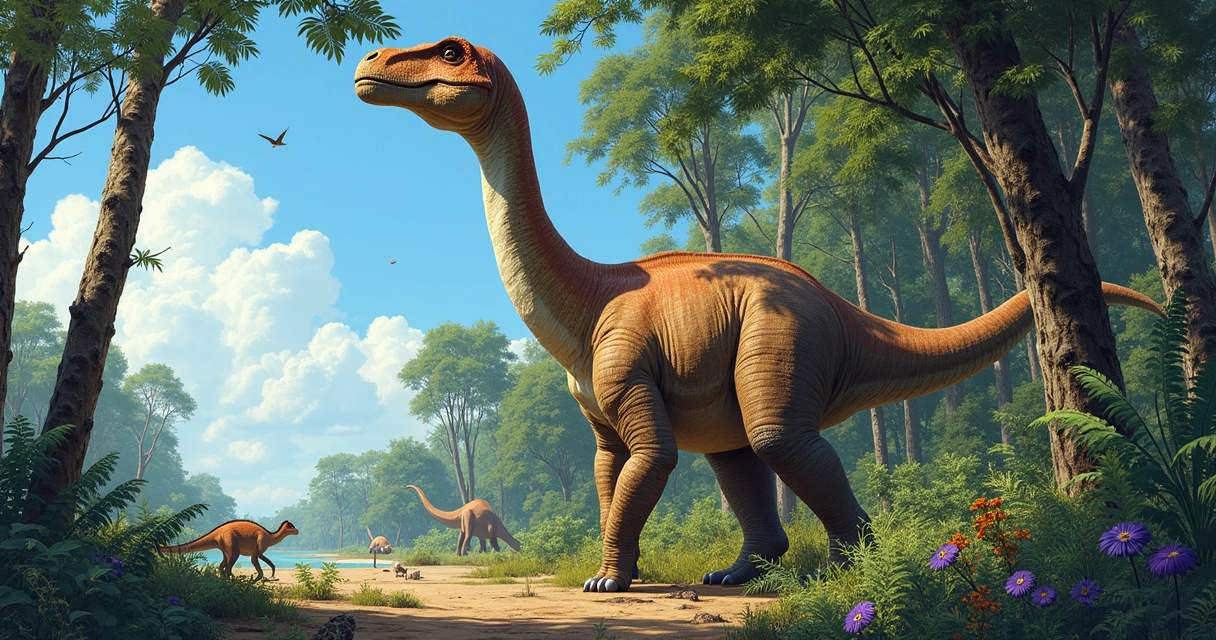 Ilustração de um Camarasauro alimentando-se em um habitat jurássico com vegetação exuberante.