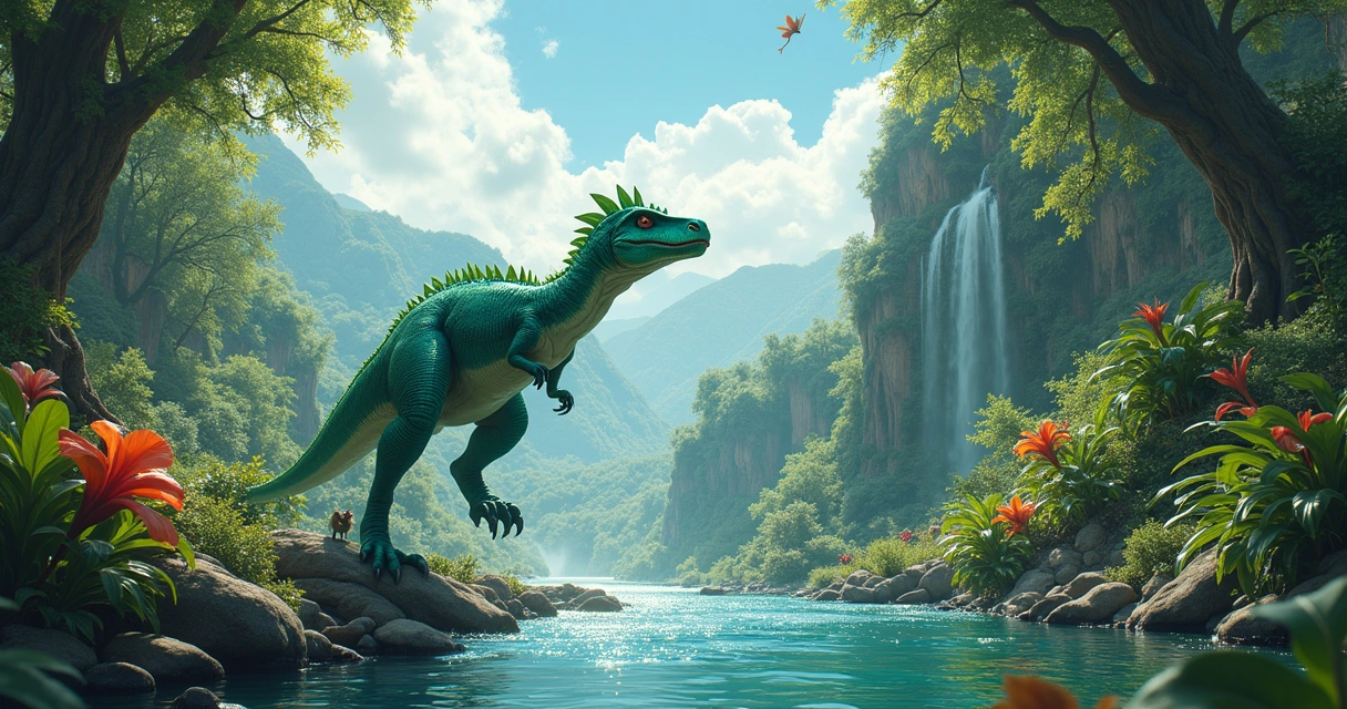 Dinossauro Celófise pulando sobre um riacho em uma paisagem pré-histórica, cercado por plantas e flores vibrantes.