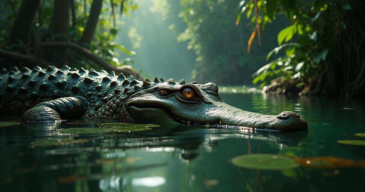 Crocodilo Imperador emerging from dark green waters amidst lush rainforest, with yellow eyes and shimmering surface