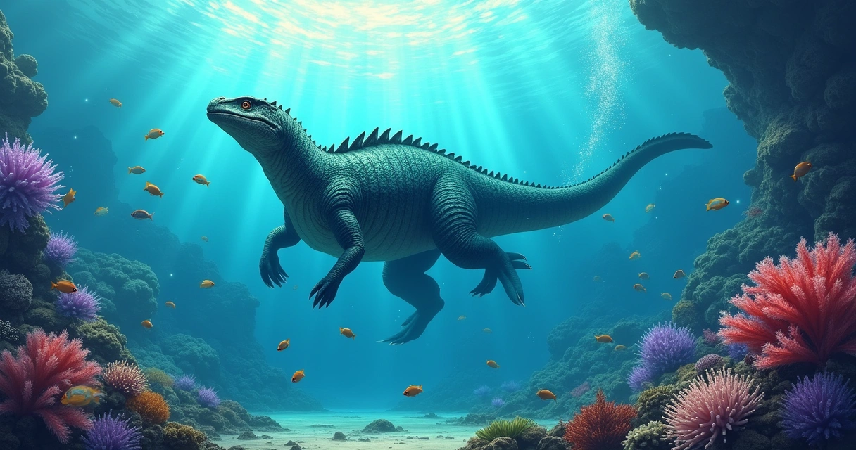 Ilustração de um Cronossauro nadando no fundo do mar entre peixes coloridos e corais vibrantes.