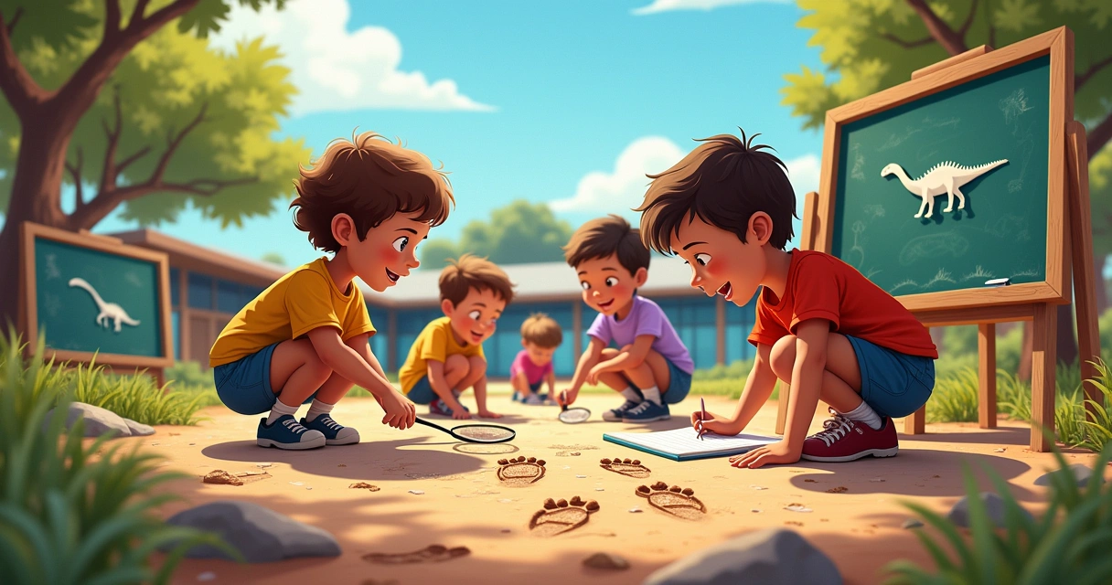 Crianças em uma escola australiana explorando pegadas de dinossauros em uma cena vibrante e educativa.