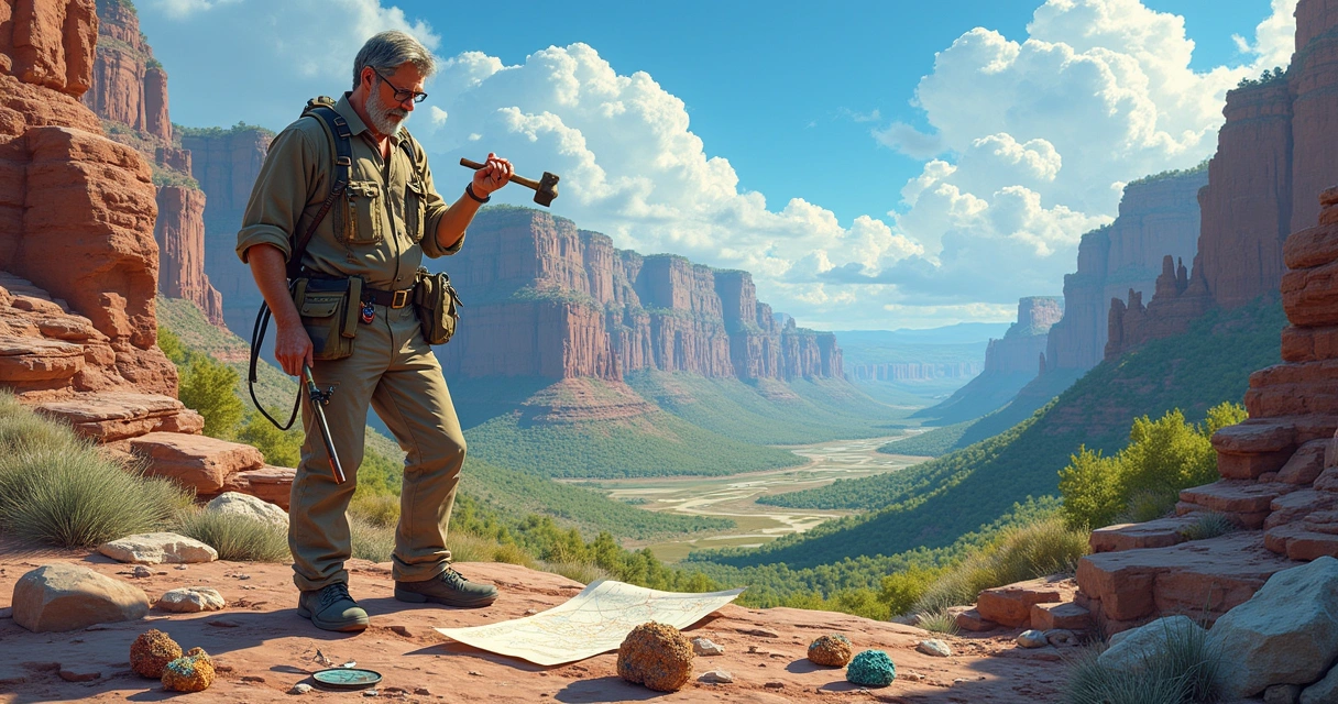 Dr. Andrew Snelling studying rocks in a colorful geological landscape with tools around him.