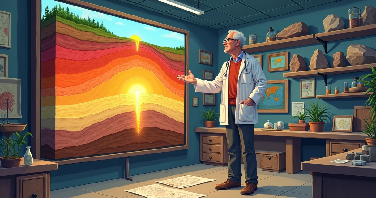 Dr. John Baumgardner in a laboratory illustrating geological layers with digital display and samples.