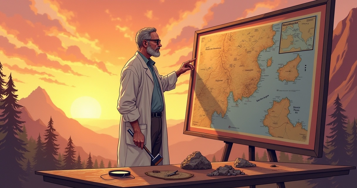 Dr. Larry Vardiman analyzing a geological map at sunset with tools around him, highlighting exploration.