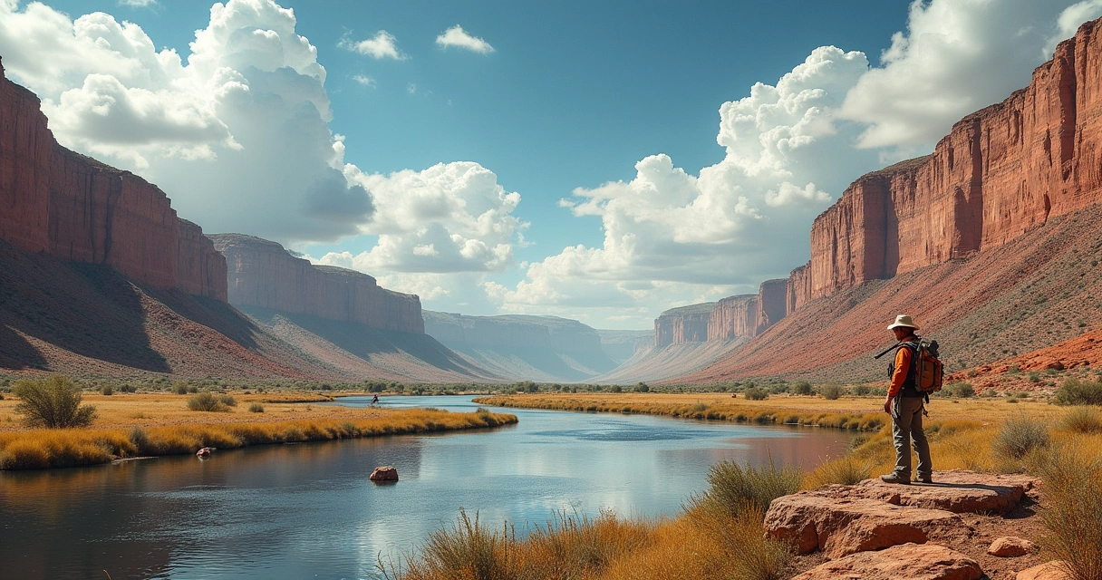 Dr. Steve Austin examinando uma rocha sedimentar em uma paisagem geológica dramática do Dilúvio Global.