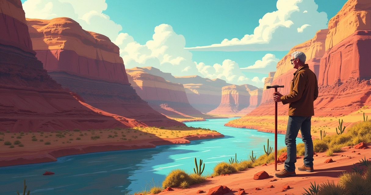 Dr. Tas Walker examining colorful geological layers with mountains and a river in the background.