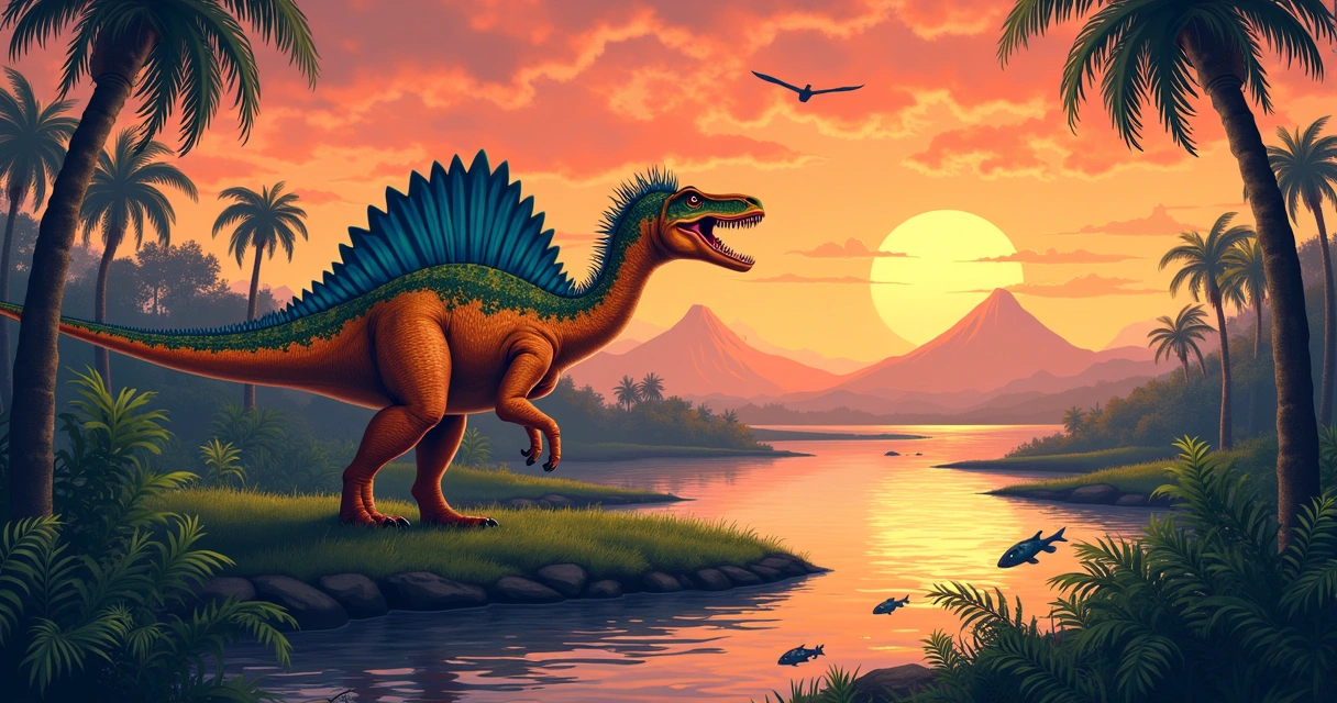 Espinossauro em um ambiente pré-histórico vibrante, com paisagem tropical, céu laranja e fauna da era dos dinossauros.