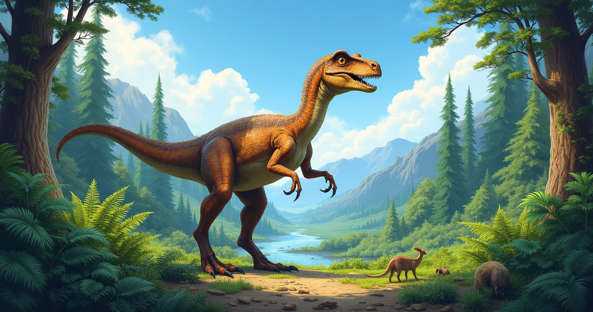 Euaptor em uma paisagem pré-histórica, cercado por ferns verdes e árvores altas sob um céu azul.