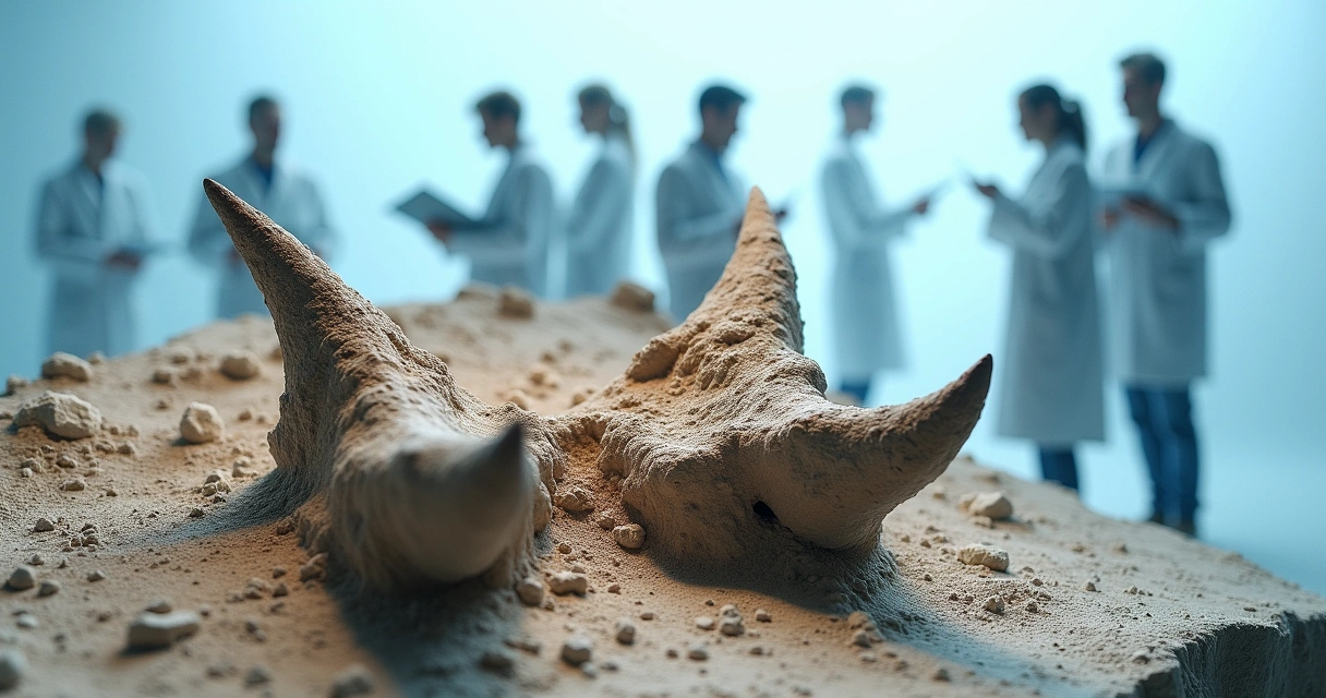 Fóssil de dinossauro com duas garras em destaque, cientistas discutindo ao fundo em ambiente de laboratório.