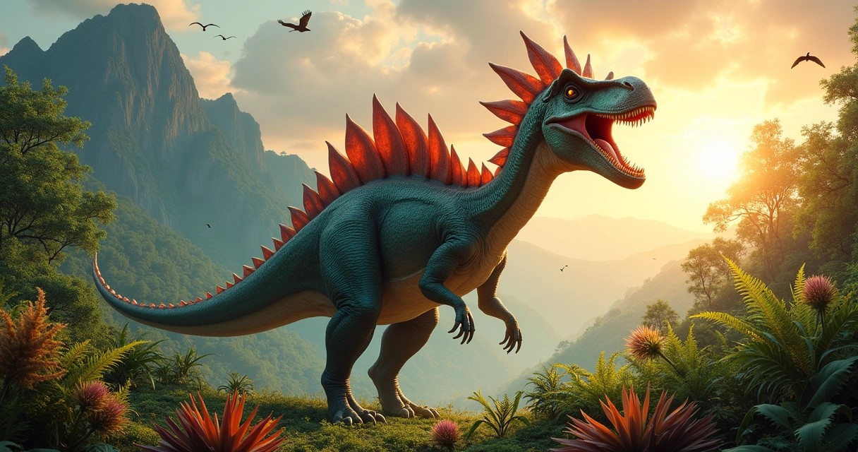 Giganotosaurus in a vibrant prehistoric landscape, roaring amidst lush ferns and colorful plants.