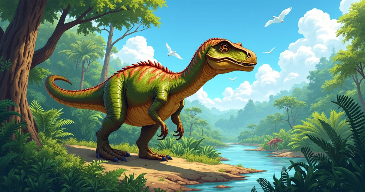 Ilustração do dinossauro Irritator em uma paisagem pré-histórica com árvores e rios.