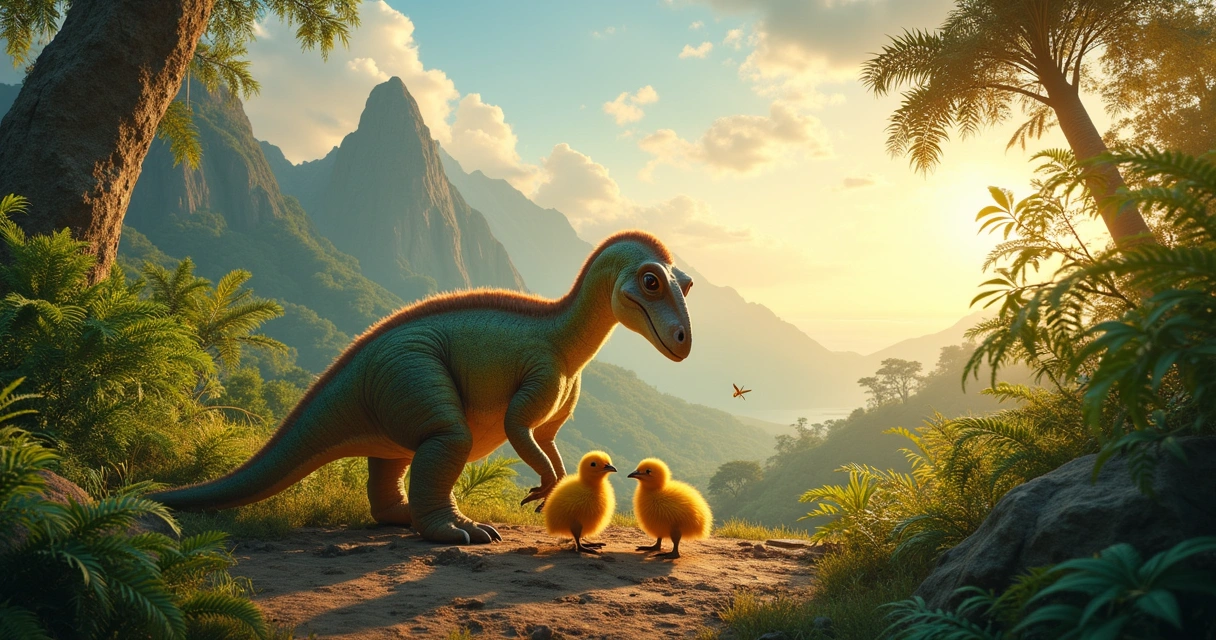 Maiasaura caring for her yellow hatchlings in a lush prehistoric landscape at sunset.