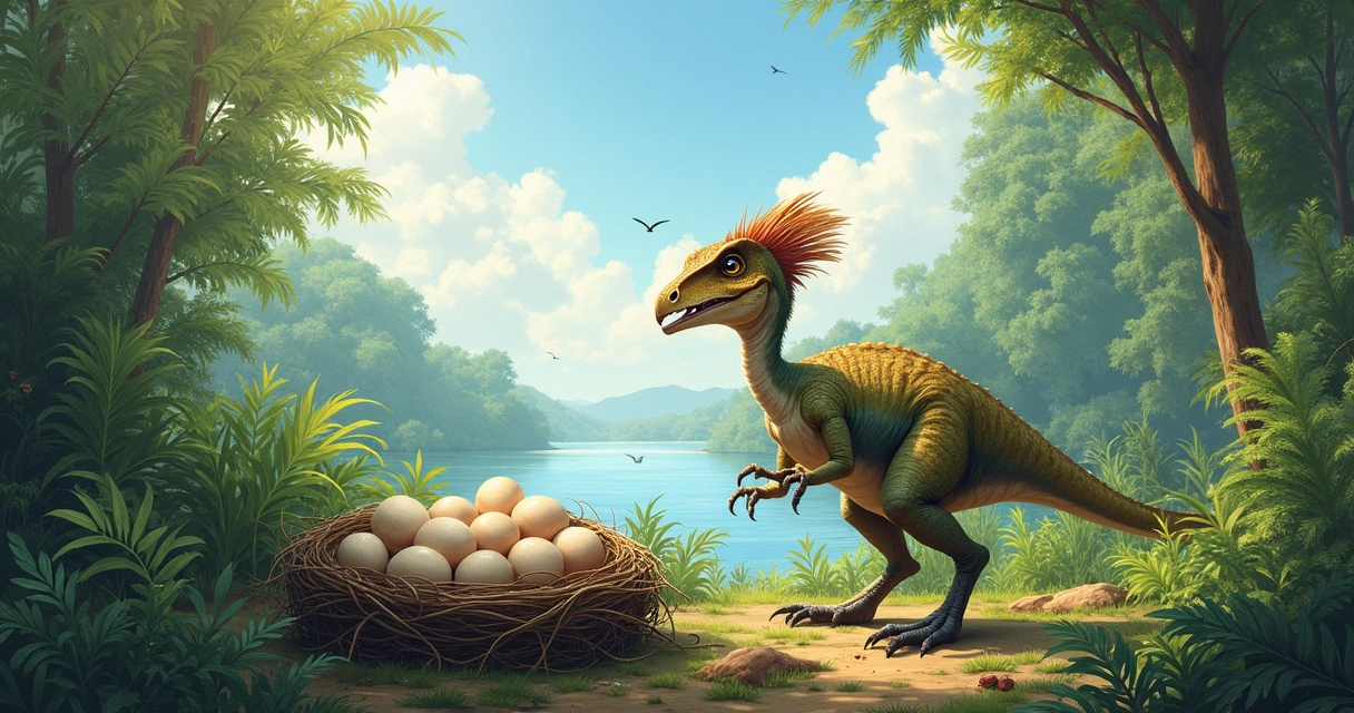 Oviraptor stealing an egg in a vibrant prehistoric landscape with lush greenery.