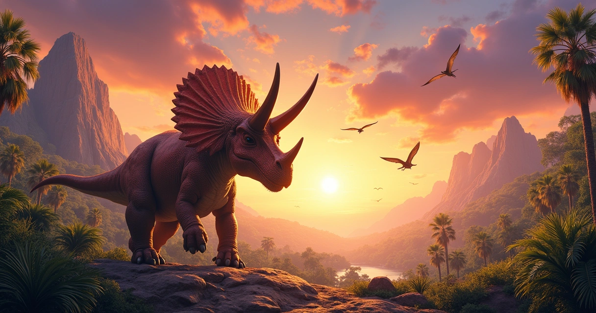 Pentaceratops standing in a prehistoric landscape with vibrant sunset colors and lush vegetation.