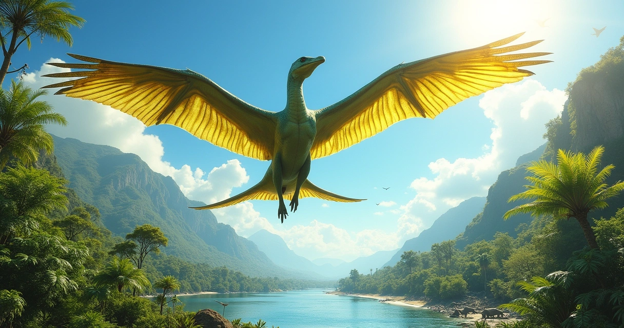 Pterodáctilo voando sobre uma paisagem pré-histórica com vegetação vibrante e um lago ao fundo.