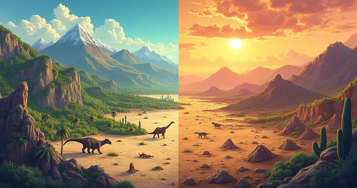 Ilustração de cinco regiões com fósseis de dinossauros, cada uma com paisagens distintas, como montanhas e desertos.