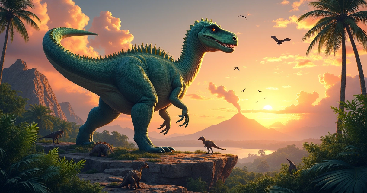 Dinosaur Apex towering in a prehistoric landscape with volcanic backdrop, lush greenery, and sunset colors.