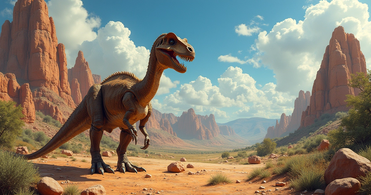 Campo de fósseis de dinossauros com esqueleto exposto, montanhas ao fundo e pôr do sol vibrante.