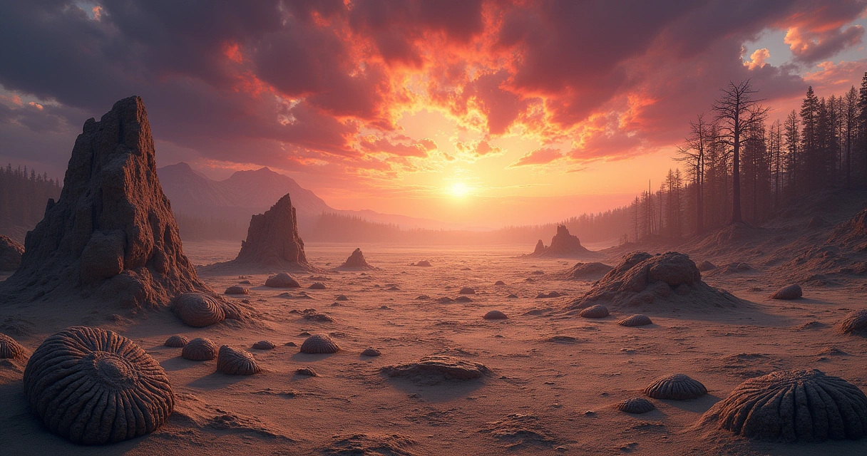Paisagem devastada por cataclismo, com fósseis expostos e céu dramático em tons intensos.