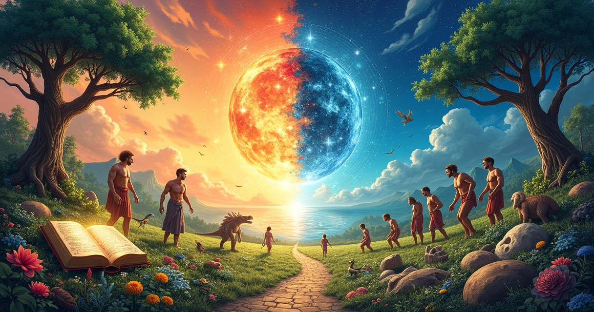 Ilustração dividida entre o Jardim do Éden representando o Criacionismo e uma paisagem pré-histórica simbolizando a Evolução.