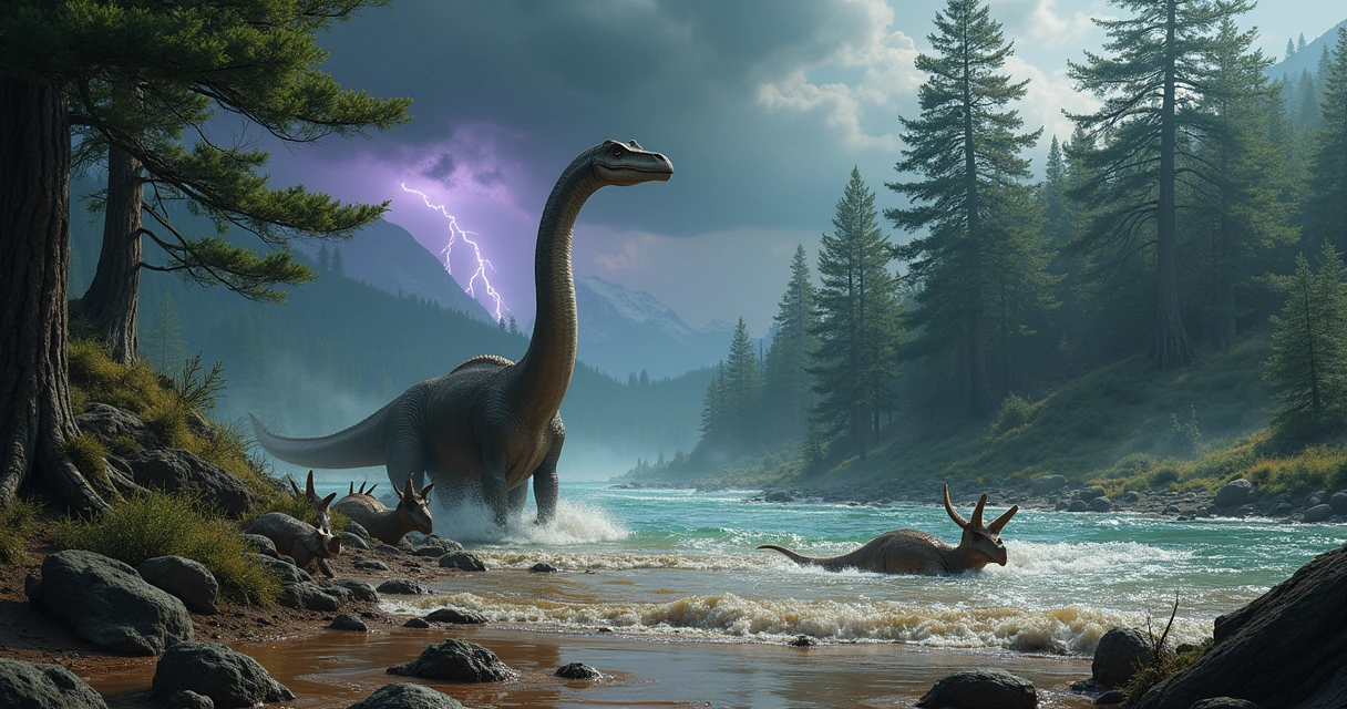 Rebanho de dinossauros em um cenário de dilúvio com relâmpagos e fósseis visíveis na água.