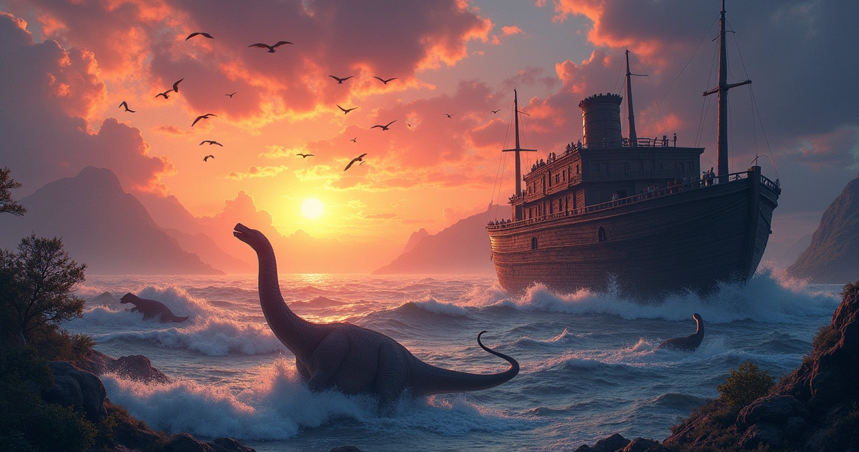 Ilustração do Dilúvio Universal com um grande barco, dinossauros em pânico e um pôr do sol dramático.