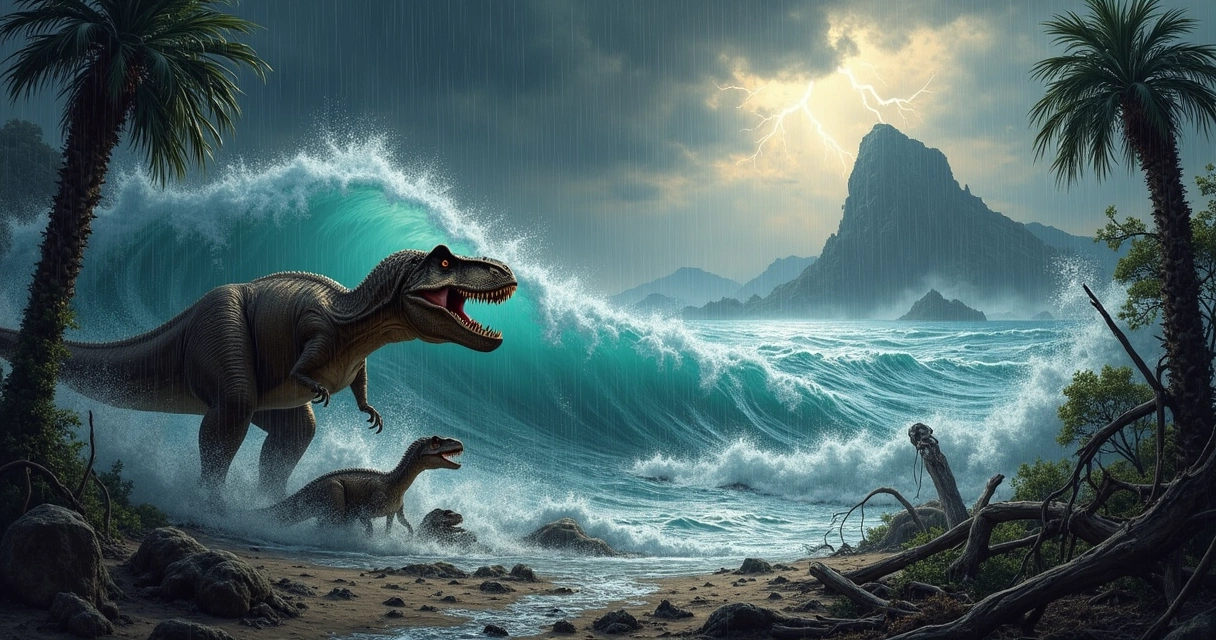 Ilustração do Dilúvio Universal, com dinossauros lutando contra ondas em um céu tempestuoso.