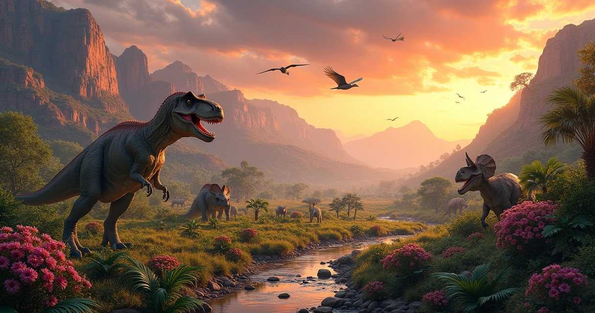 Dinosaurs in a vibrant prehistoric landscape, with geological strata and sunset sky colors.