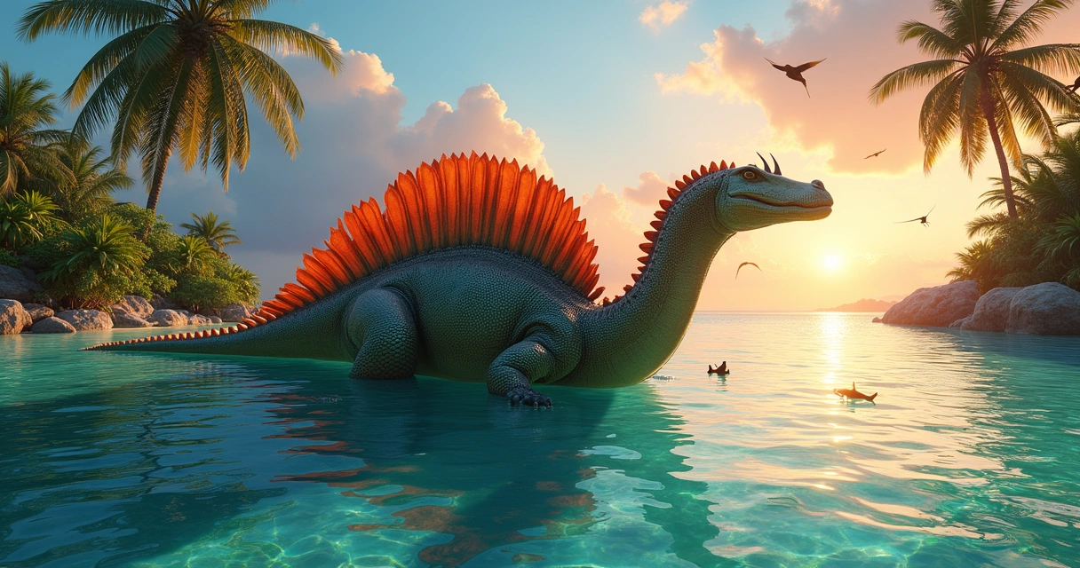 Espinossauro emergindo de um lago sereno sob um pôr do sol colorido, cercado por plantas tropicais.