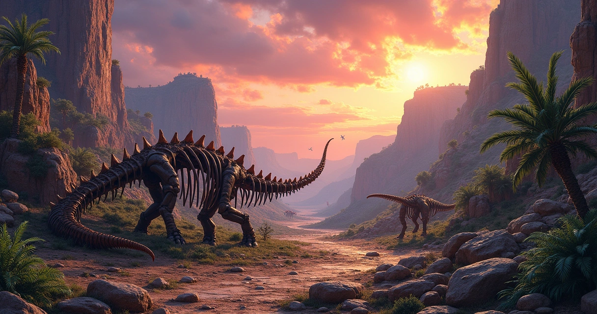 Fósseis de dinossauros expostos em um terreno pré-histórico ao pôr do sol, com plantas ancestrais ao redor.