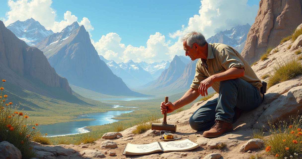 Geologist examining rock formations in a vibrant landscape with mountains and lush vegetation.