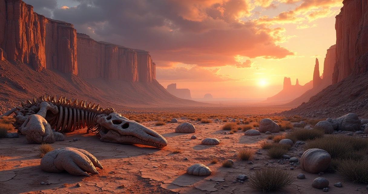Paisagem desolada com restos de criaturas antigas e formação de fósseis, sob um céu dramático ao pôr do sol.