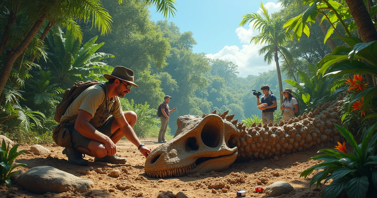 Cena de um paleontólogo escavando um fóssil de dinossauro em uma selva tropical vibrante e iluminada.