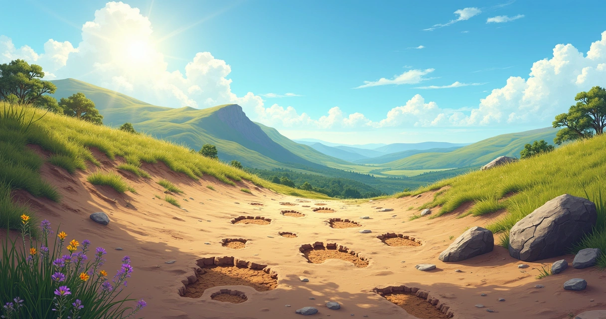 Pegadas de dinossauro sobre uma paisagem escocesa com colinas verdes e flores silvestres coloridas.