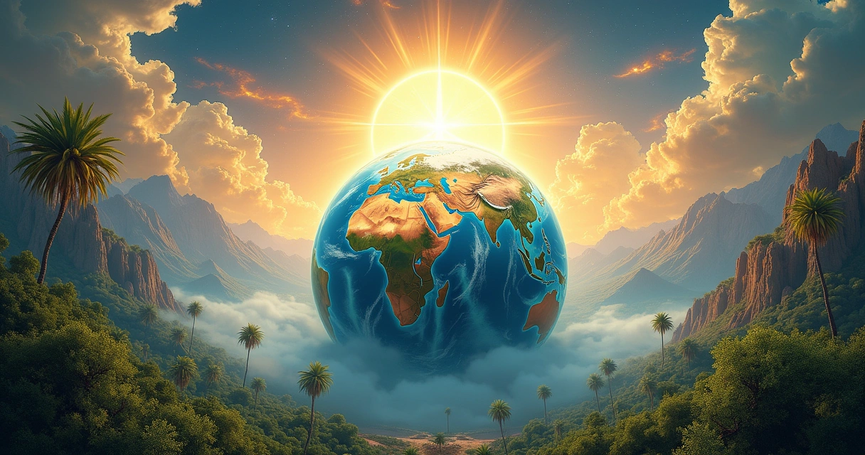 Representação artística da Terra iluminada pela luz bíblica, com cores quentes e símbolos de criação.