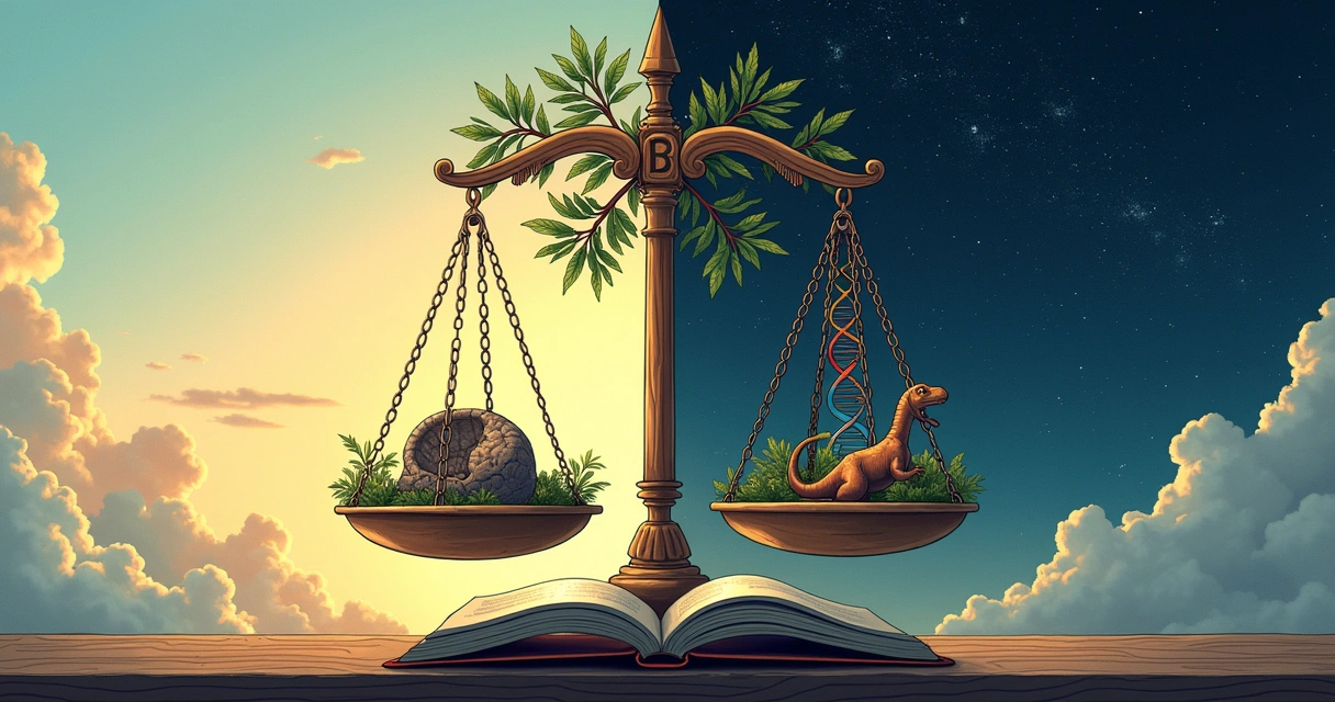 Representação artística de uma balança equilibrando símbolos do criacionismo e evolução, com fundo dividido em céu claro e dark night