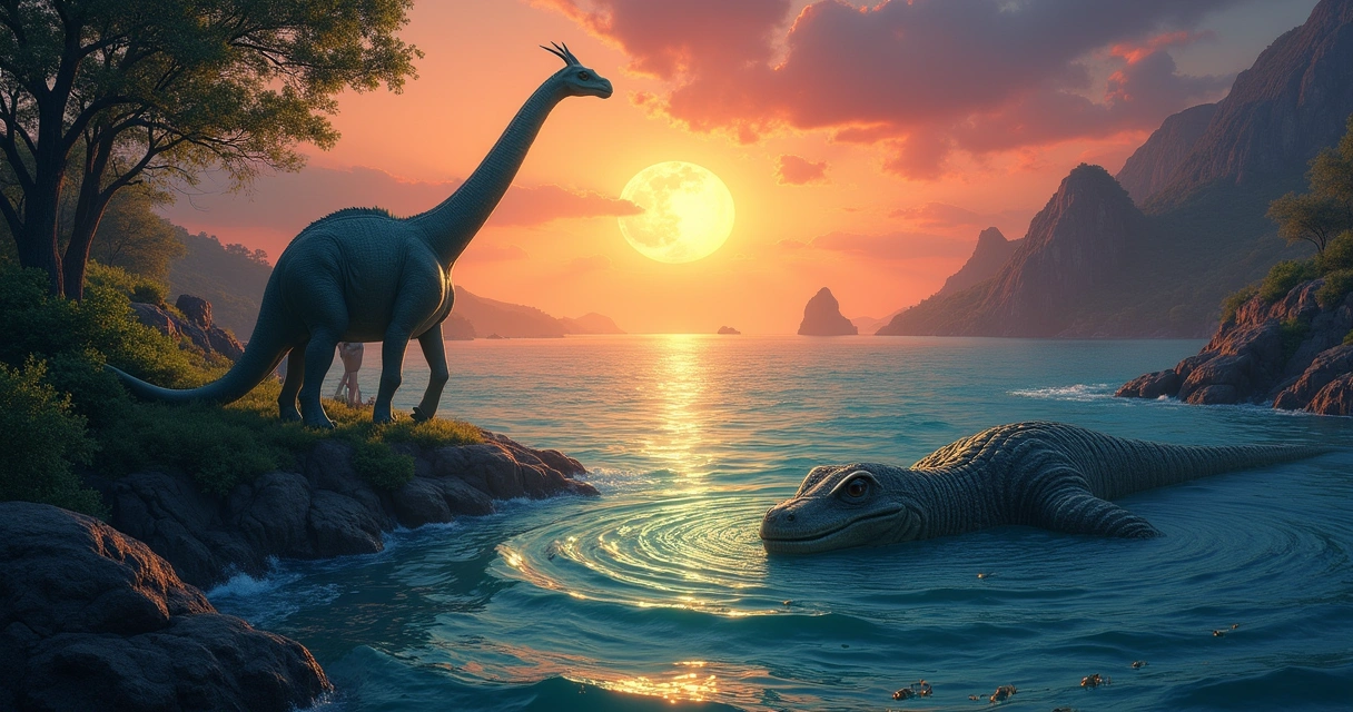 Beemote and Leviatã resembling dinosaurs on a riverbank and ocean scene, with a sunset backdrop in vibrant colors.