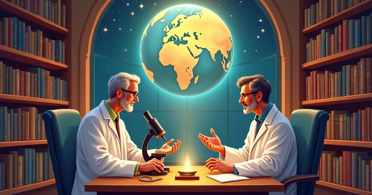 Cientista e pastor dialogando em uma biblioteca com livros e símbolos da ciência e religião ao fundo