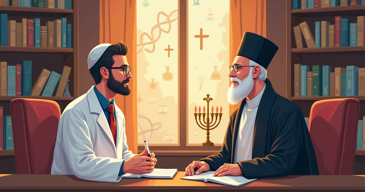 Cientista e líder religioso discutindo em ambiente moderno com livros e símbolos científicos e religiosos ao fundo