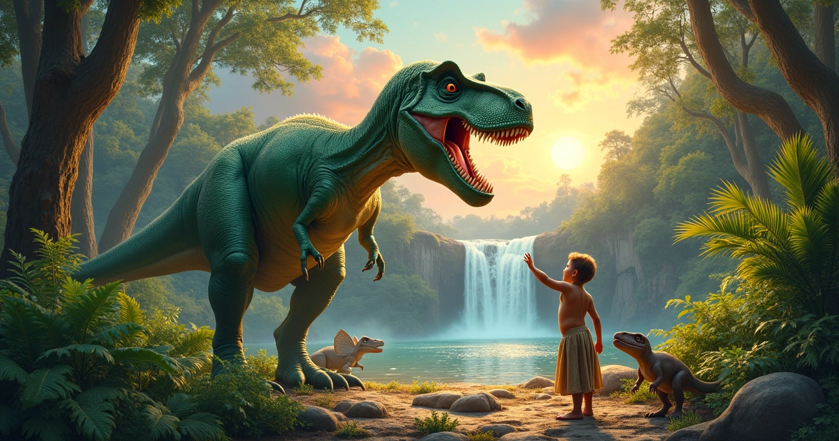 Uma cena pré-histórica com dinossauros e uma criança, destacando coexistência e cores vibrantes.