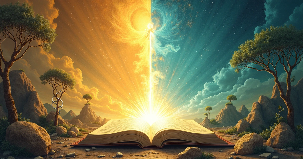 Representação visual comparando criacionismo e teoria da evolução com símbolos religiosos e científicos