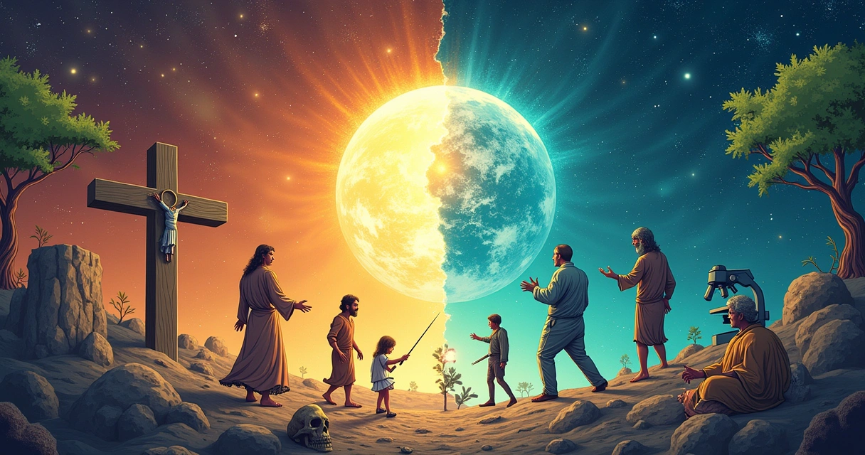 Ilustração de um debate entre criacionismo e evolução com elementos simbólicos de ciência e religião