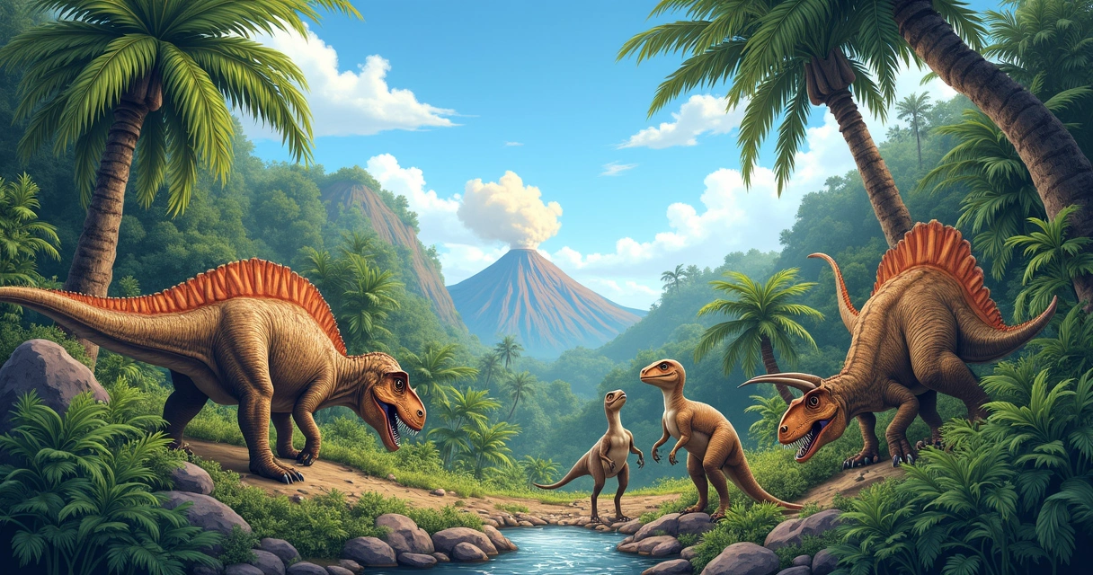 Dinossauros variados em uma paisagem pré-histórica com vegetação densa e céu claro